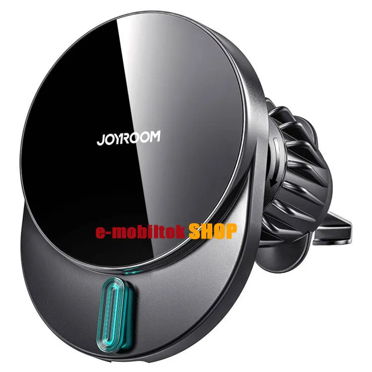 JOYROOM mágneses autós telefon tartó állvány, Szellőzőrácsra rögzíthető, Magsafe támogatás, 15W QI wireless vezetéknélküli töltés, 360°-ban forgatható, LED jelzés, Fém lappal, Gyorstöltés támogatás, Fekete