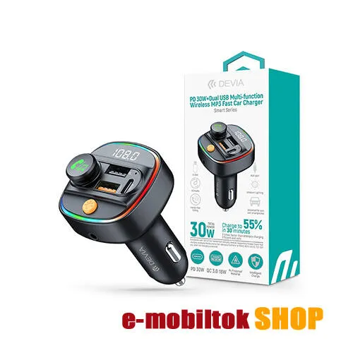 DEVIA SMART bluetooth FM transmitter, Kihangosító és autós töltő, 2x USB és 1x Type-C aljzat, 30W, PD, QC gyorstöltés, Felvevő és média gombok, Világítás, AUX, Fekete