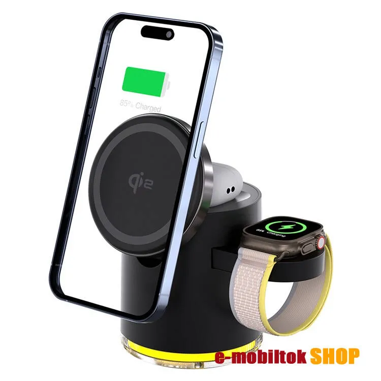 4 az 1-ben Apple Watch, Airpods és iPhone asztali tartó Qi2 Wireless asztali töltő funkcióval, 15W, MagSafe támogatás, Gyorstöltés támogatás, Type-C port, Melegfehér éjszaki fény, 65x65x81mm, Fekete