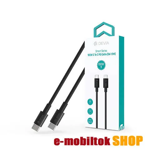 DEVIA SMART adat és töltő kábel, Type-C - Type-C csatlakozók, 100W, 1.5m hosszú, 5A, 480Mbps adatátviteli sebesség, PD gyorstöltés támogatás, Fekete