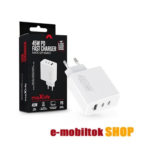 MAXLIFE hálózati töltő, 2x Type-C és 1x USB aljzat, 45W, PD, QC3.0 gyorstöltés támogatás, Kábel nélkül, Fehér