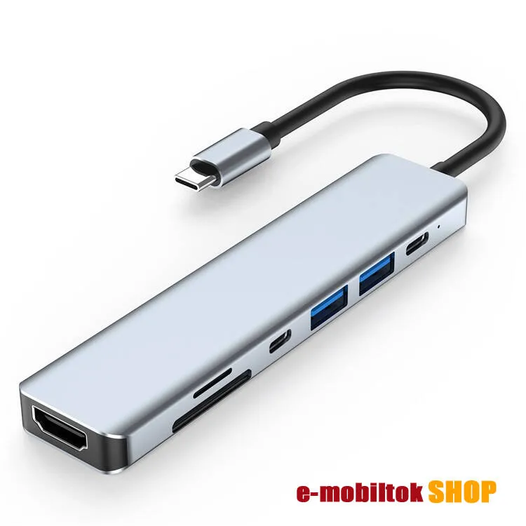 Type-C HUB 7 az 1-ben elosztó, 1 x Type-C töltő (PD 87W), 1 x Type-C adatátvitel, 2 x USB2.0, 1 x HDMI aljzat (HD 4K 30Hz), SD/microSD kártyaolvasó, Szürke