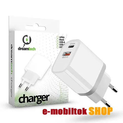 Dreamtech Charger hálózati töltő, 1 x USB-C és 1 x USB-A aljzattal, 20W, PD gyorstöltés támogatás, Kábel nélkül, Fehér
