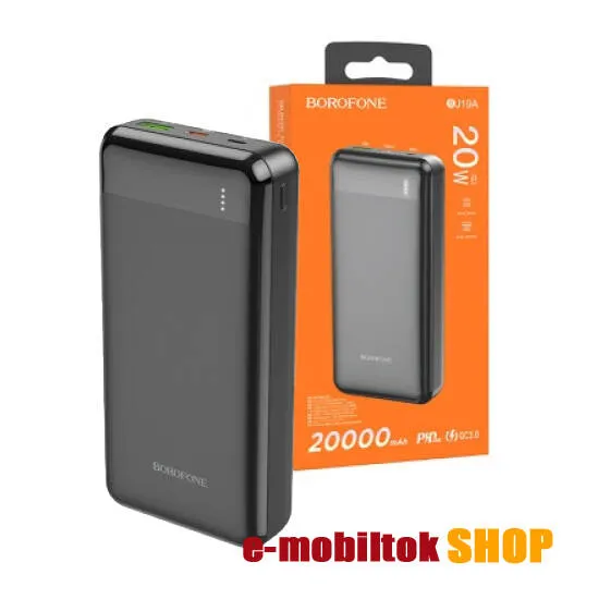 Hoco Borofone power bank, Vésztöltő, 1 x USB-A, 1 x microUSB, 1 x USB-C aljzat, 20000mAh, 20W, PD 3.0, QC 3.0 gyorstöltő, LED kijelző, BJ19A, Fekete