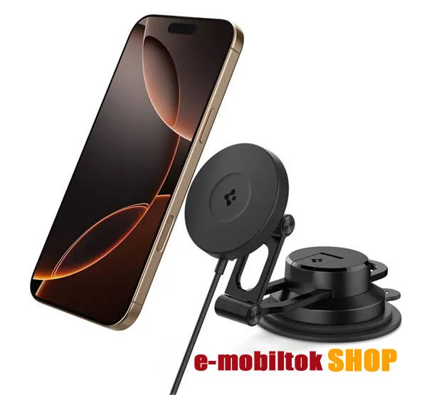 Spigen Onetap Pro4 autós telefontartó, Magsafe mágneses, Qi2 15W wireless, vezeték nélküli töltés, Szélvédőre, Műszarfalra rögzíthető, ACP08544, Fekete