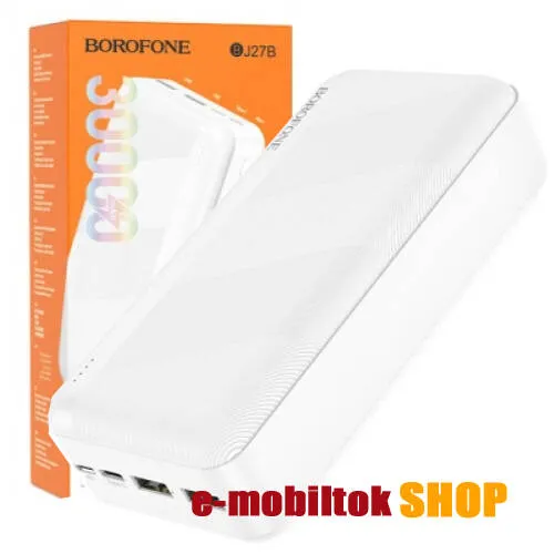 Hoco Borofone power bank, Vésztöltő, 2 x USB-A, 1 x microUSB, 1 x USB-C aljzat, 30000mAh, 10W, LED kijelző, BJ27B, Fehér