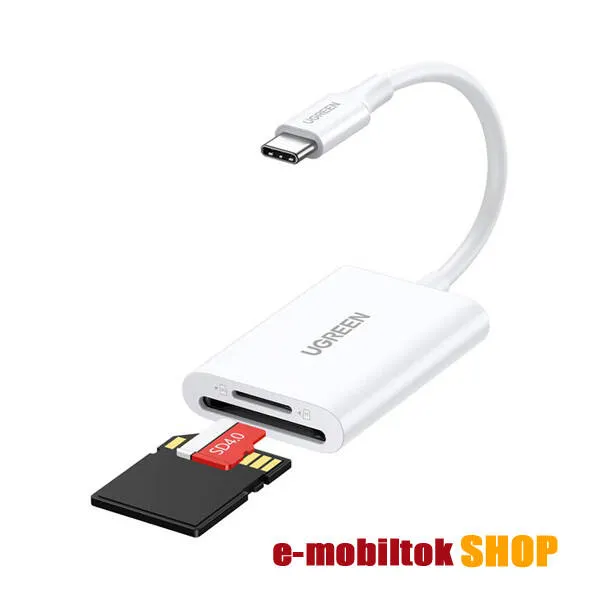 Ugreen CM265 memóriakártya olvasó, USB-C / SD, microSD, 15cm hosszú, Fehér