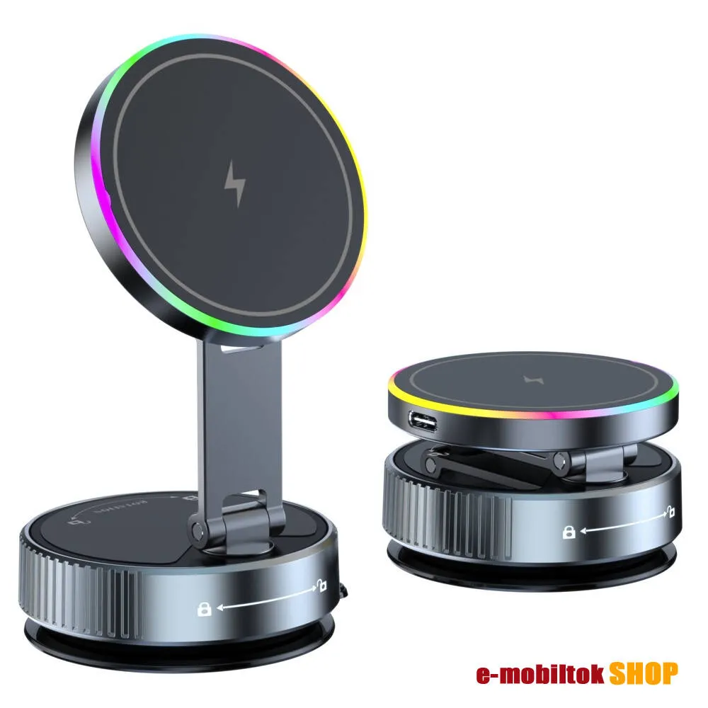 MagSafe autós telefontartó, Műszerfalra rögzíthető, Tapadókorong, Összecsukható, Forgatható, Mágneses, 15W QI wireless vezetéknélküli töltés, Fekete