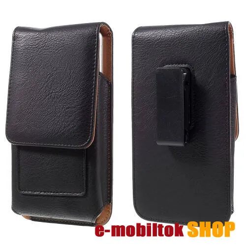 UNIVERZÁLIS álló bőrtok - mágnespatent, elforgatható övcsipesz, bankkártyatartó, 172 x 90 x 15mm - FEKETE